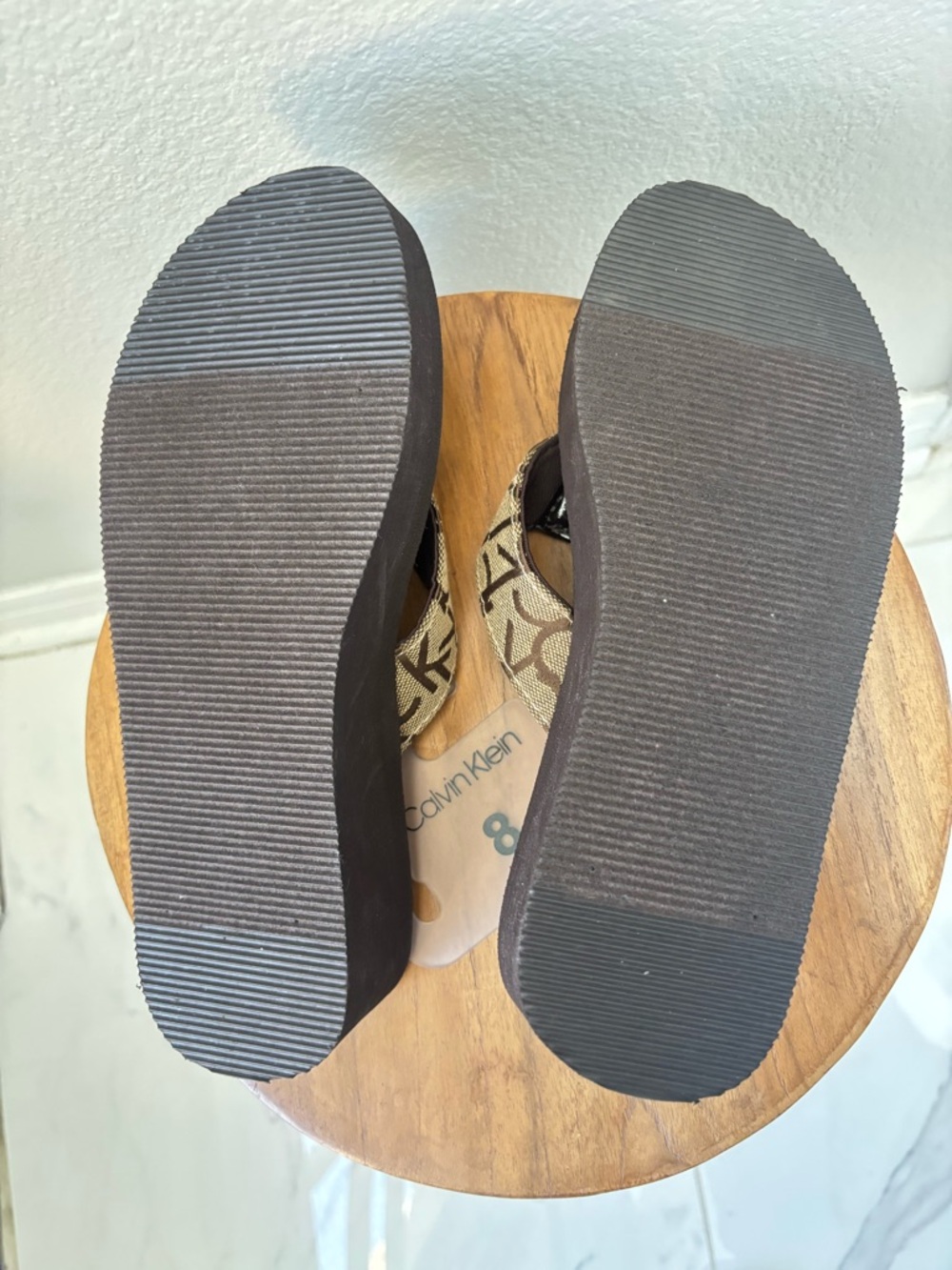 Calvin Klein Brown Logo Canvas Wedge Thong flip flop Sandals platform NWT - Picture 9 of 12